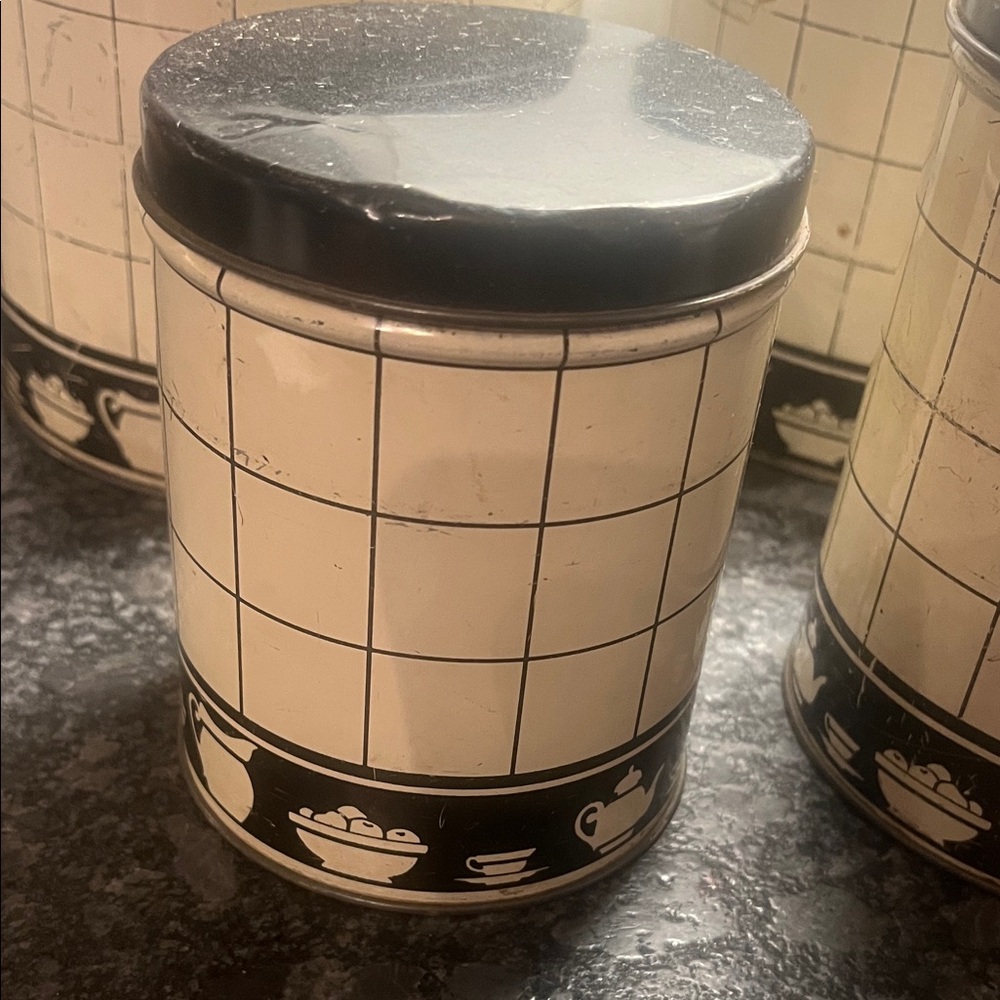Black and White Tin Kitchen Canister Set of 4.  Farmhouse. - Picture 3 of 11
